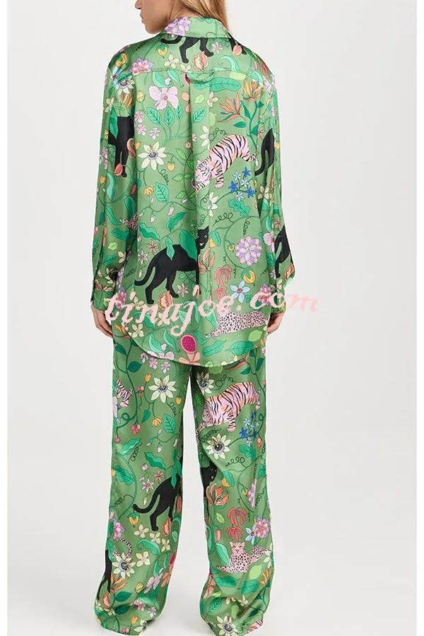 Quiet Jungle Satin Unique Print Long Sleeve Shirt and Elastic Waist Pocket Lounge Pants Set