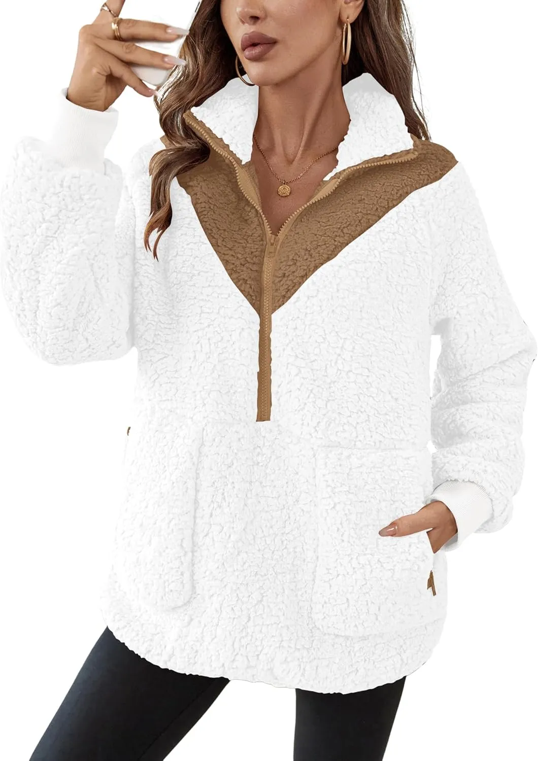 Rapbin Women Half Zip Pullover Long Sleeve Casual Fuzzy Sherpa Fleece Jacket Sweatshirts Winter Outerwear Top with Pockets