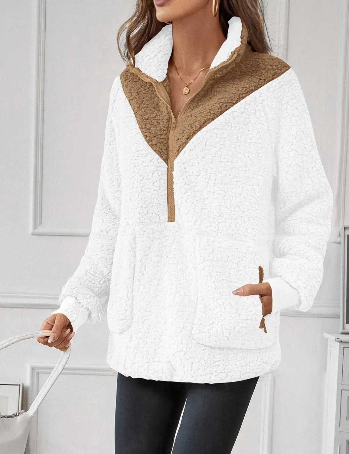 Rapbin Women Half Zip Pullover Long Sleeve Casual Fuzzy Sherpa Fleece Jacket Sweatshirts Winter Outerwear Top with Pockets