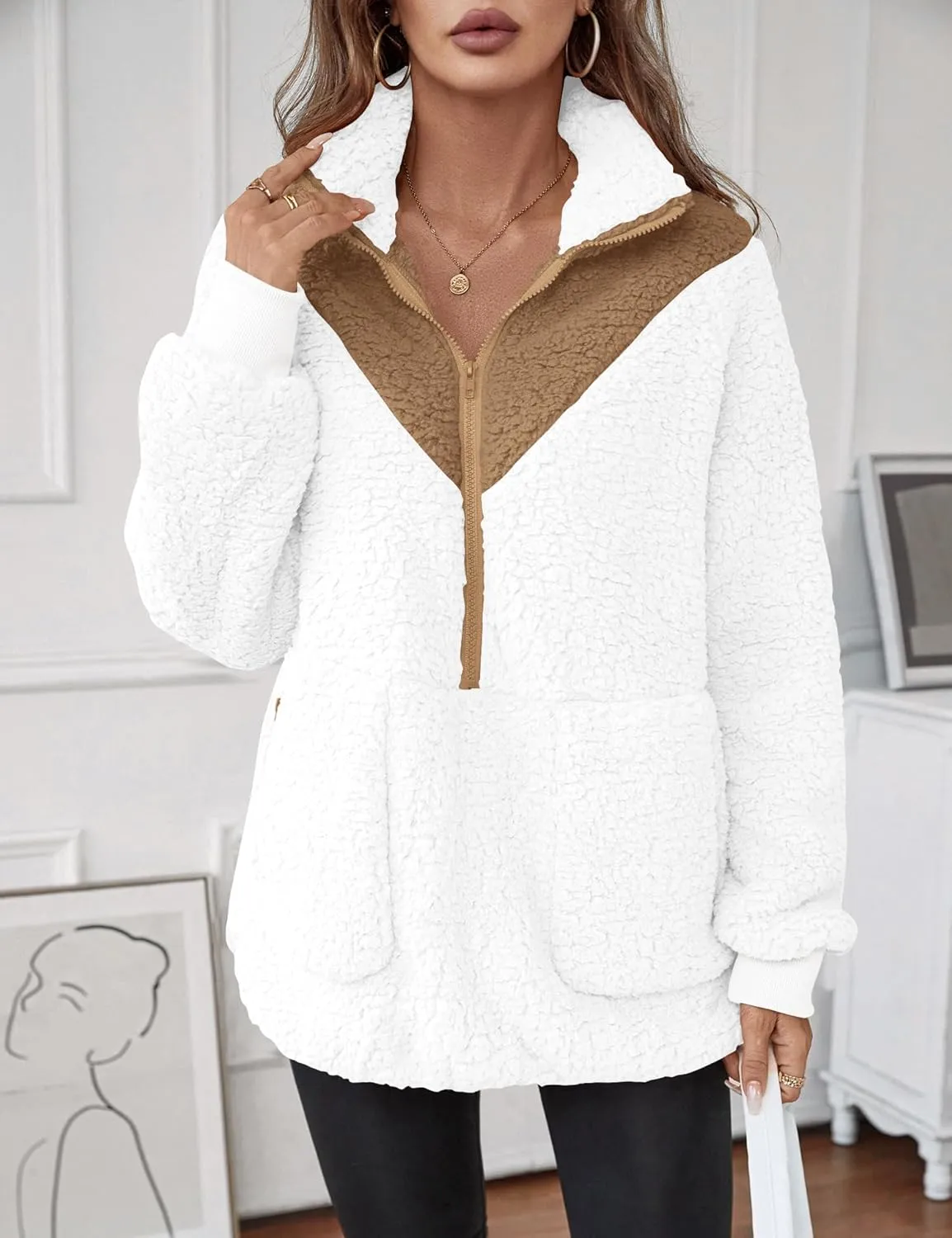 Rapbin Women Half Zip Pullover Long Sleeve Casual Fuzzy Sherpa Fleece Jacket Sweatshirts Winter Outerwear Top with Pockets