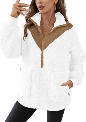 Rapbin Women Half Zip Pullover Long Sleeve Casual Fuzzy Sherpa Fleece Jacket Sweatshirts Winter Outerwear Top with Pockets