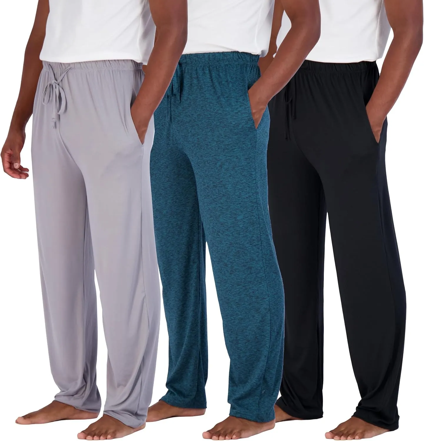 Real Essentials 3 Pack: Men's Soft Pajama Lounge Pants with Drawstring & Pockets - 4-Way Stretch & Wicking-Big & Tall (S-5XL)