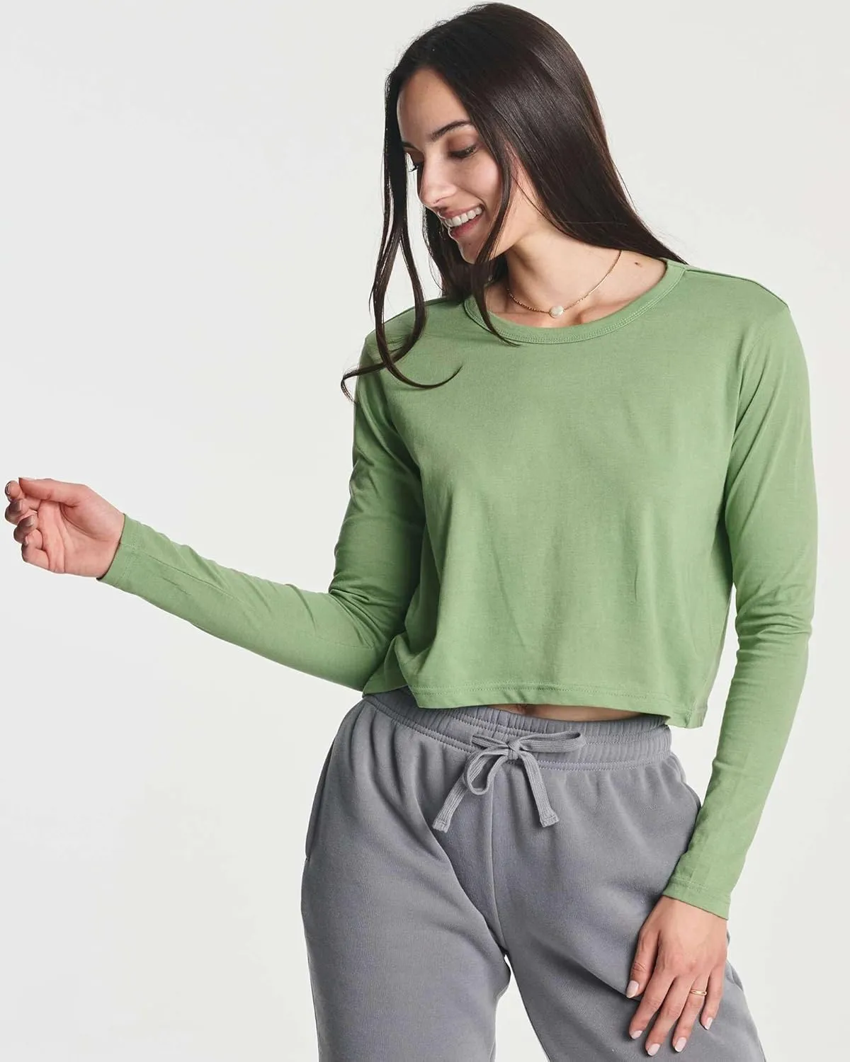 Real Essentials 4 Pack: Women's Cotton Long Sleeve Crew Crop Top - Casual Cropped T-Shirt (Available in Plus Size)