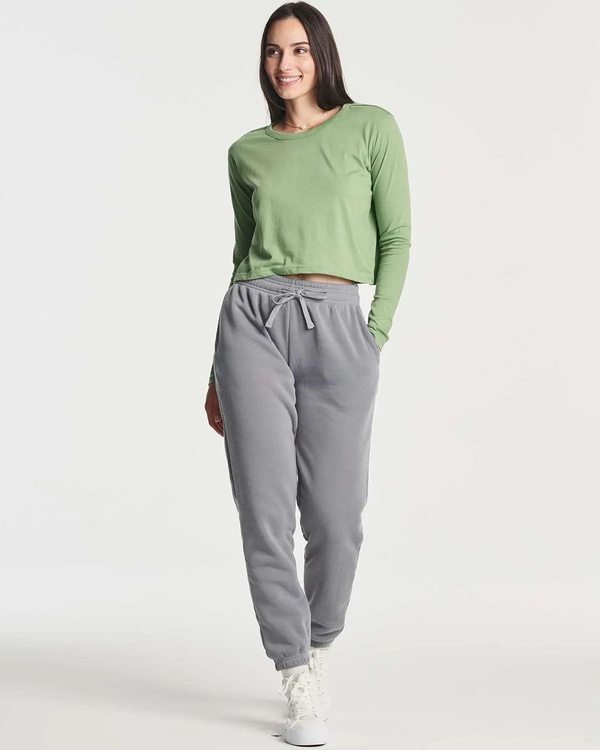 Real Essentials 4 Pack: Women's Cotton Long Sleeve Crew Crop Top - Casual Cropped T-Shirt (Available in Plus Size)
