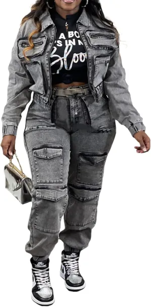 Recious Womens Sexy 2 Pieces Denim Jackets Bodycon Paneled Denim Pants Jeans Party Clubwear Casual Outfits Set