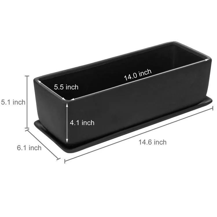 Rectangular Ceramic Succulent Planter with Saucer, Black 14 Inches