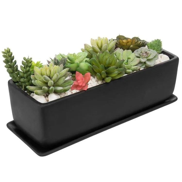 Rectangular Ceramic Succulent Planter with Saucer, Black 14 Inches