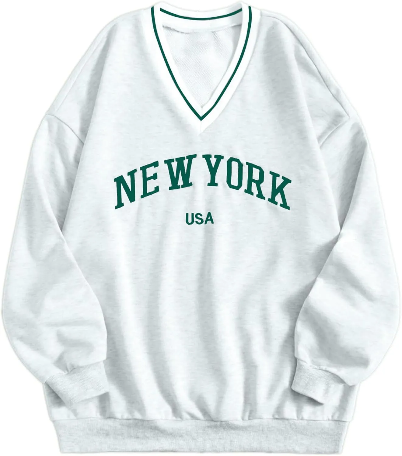 Remidoo Womens New York Embroidered V Neck Sweatshirt Oversized Long Sleeve Pullover Top