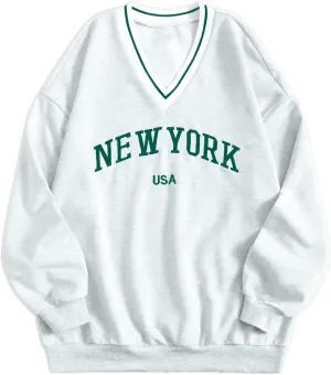 Remidoo Womens New York Embroidered V Neck Sweatshirt Oversized Long Sleeve Pullover Top