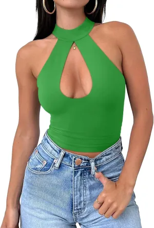 REORIA Women's Sexy Criss Cross Halter Neck Crop Tops Trendy Sleeveless Y2K Nightout Clubwear Going Out Tops