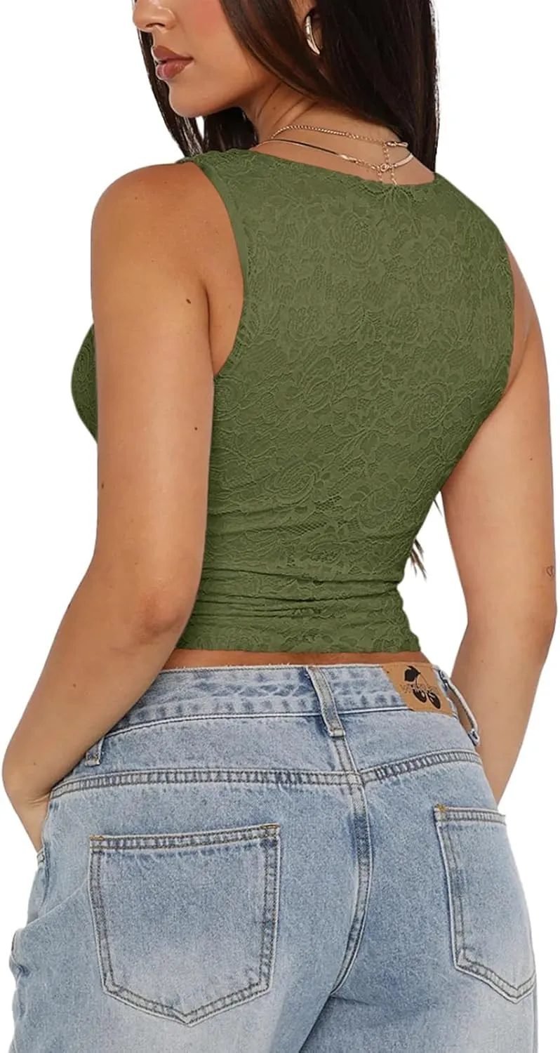 REORIA Womens Sexy V-Neck Sleeveless Double Lined Going Out Y2K Trendy Lace Cropped Tank Tops