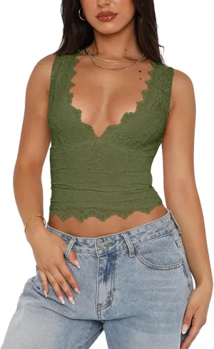 REORIA Womens Sexy V-Neck Sleeveless Double Lined Going Out Y2K Trendy Lace Cropped Tank Tops