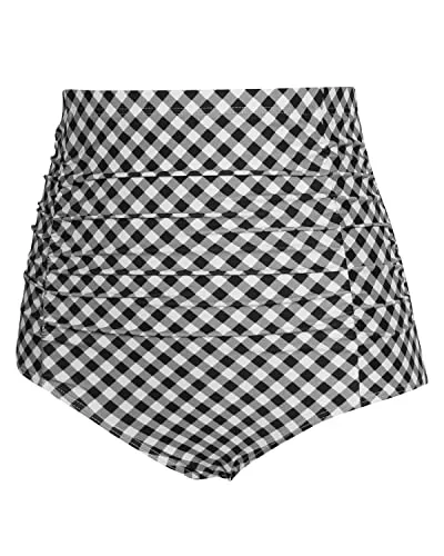 Retro High Waisted Swim Bottom For Women-Black White Plaid