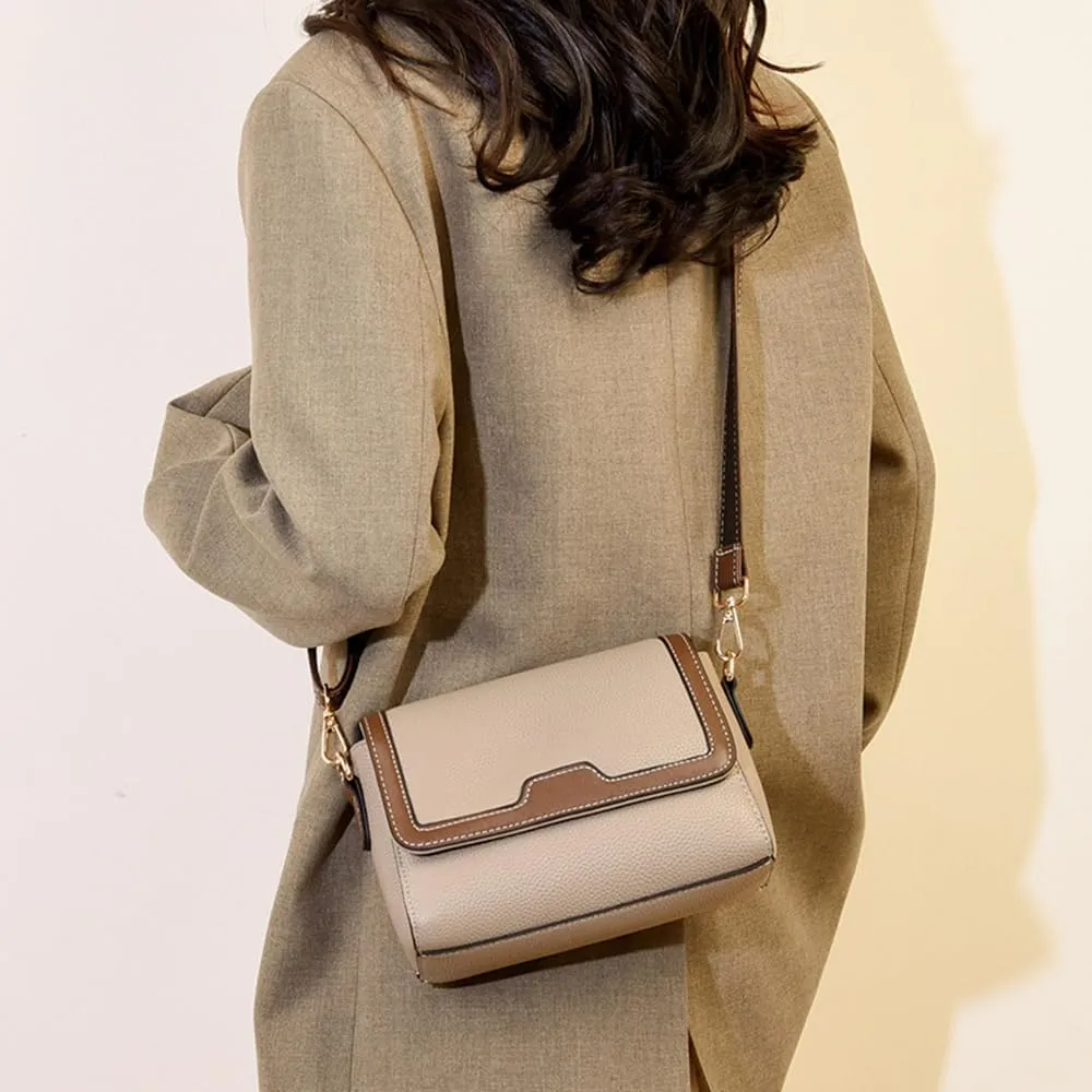 Retro Leather Crossbody Bag for Women | Casual Square Flap Satchel Handbag | Stylish Beige Purse