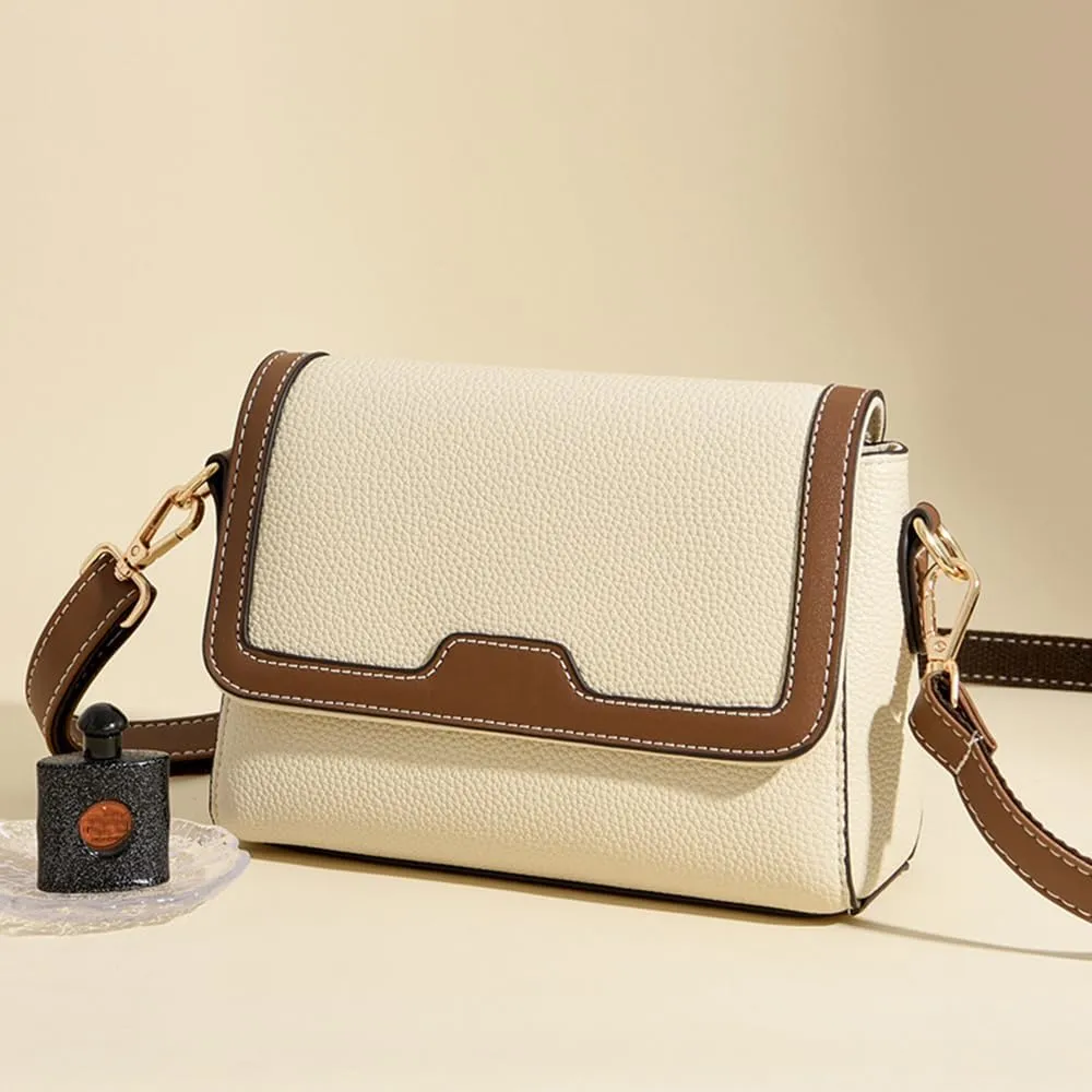 Retro Leather Crossbody Bag for Women | Casual Square Flap Satchel Handbag | Stylish Beige Purse
