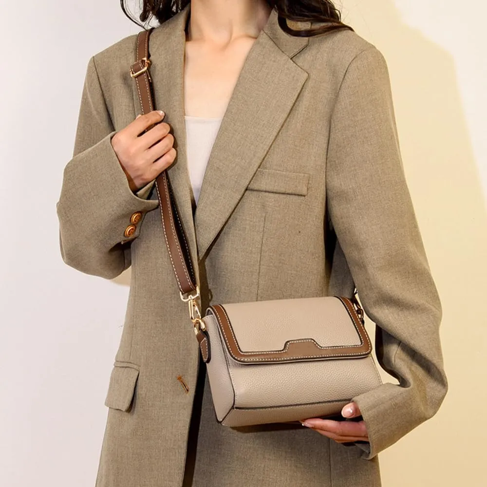 Retro Leather Crossbody Bag for Women | Casual Square Flap Satchel Handbag | Stylish Beige Purse