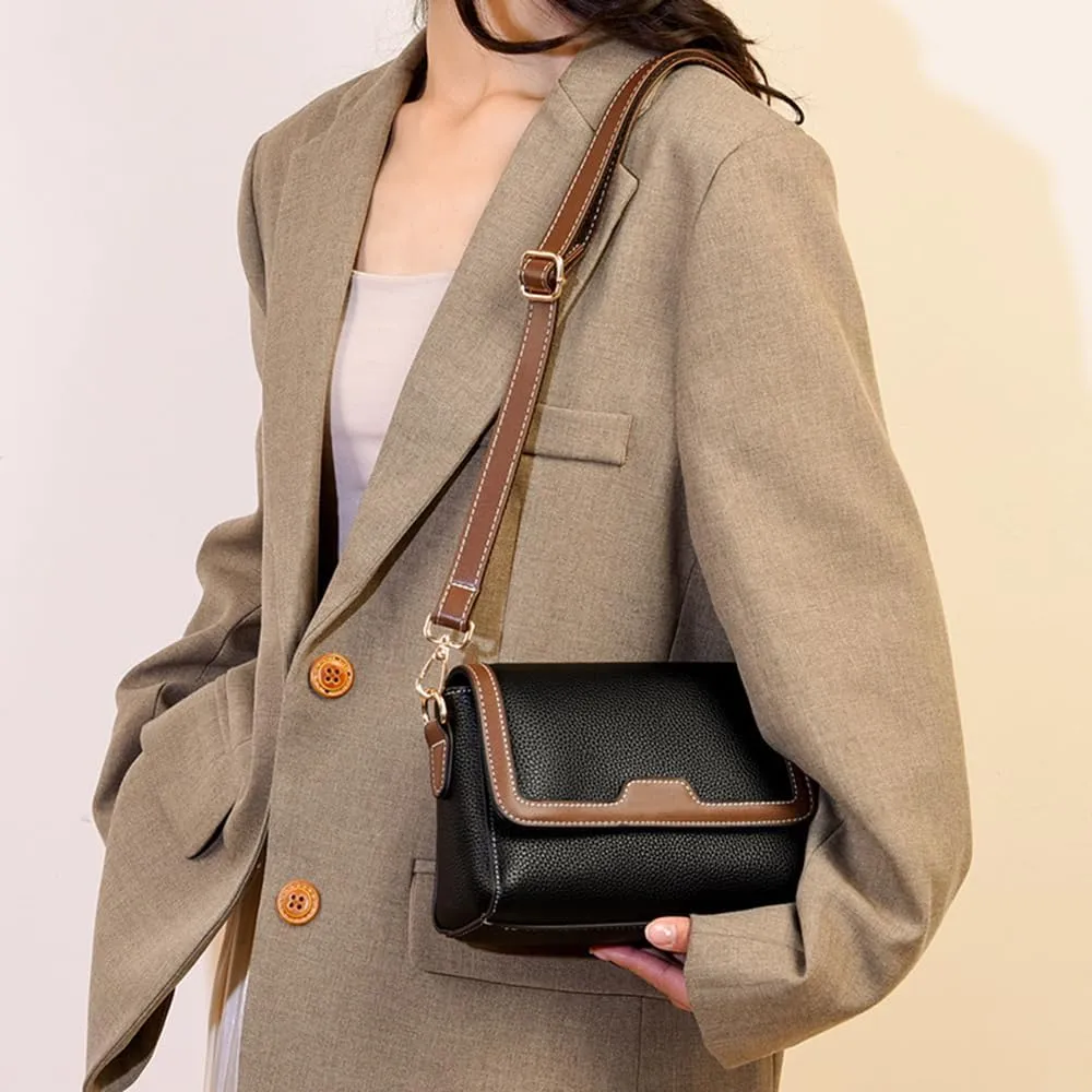 Retro Leather Crossbody Bag for Women | Casual Square Flap Satchel Handbag | Stylish Beige Purse