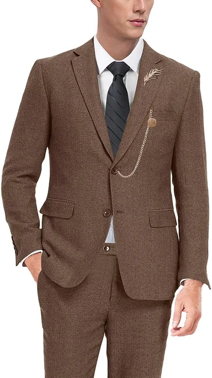 Retro Tweed Mens Suit Herringbone Slim Fit 2 Buttons Men's Jackets Sets Prom Wedding Jacket Blazer Pants Groom Tuxedo Set