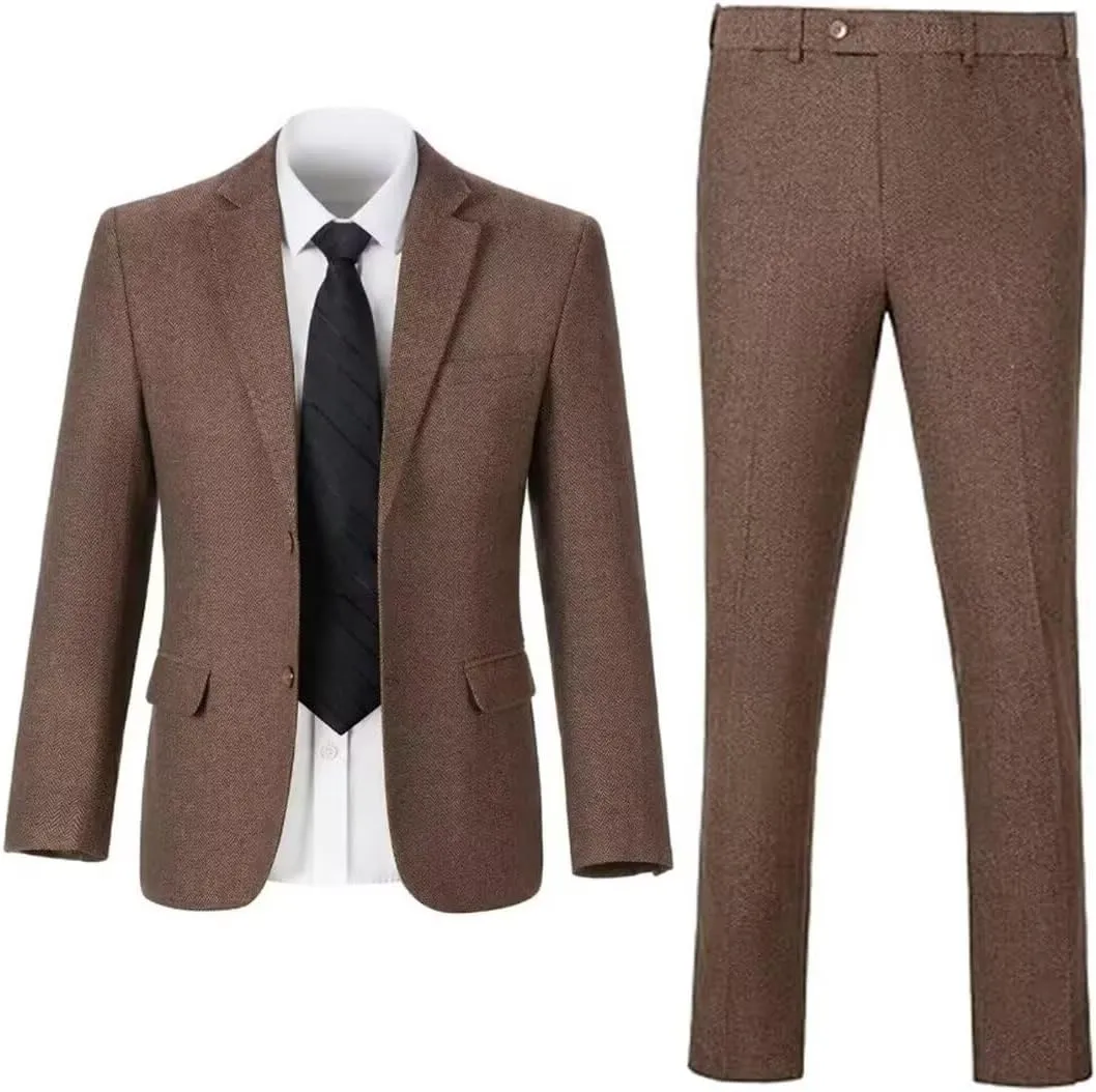 Retro Tweed Mens Suit Herringbone Slim Fit 2 Buttons Men's Jackets Sets Prom Wedding Jacket Blazer Pants Groom Tuxedo Set