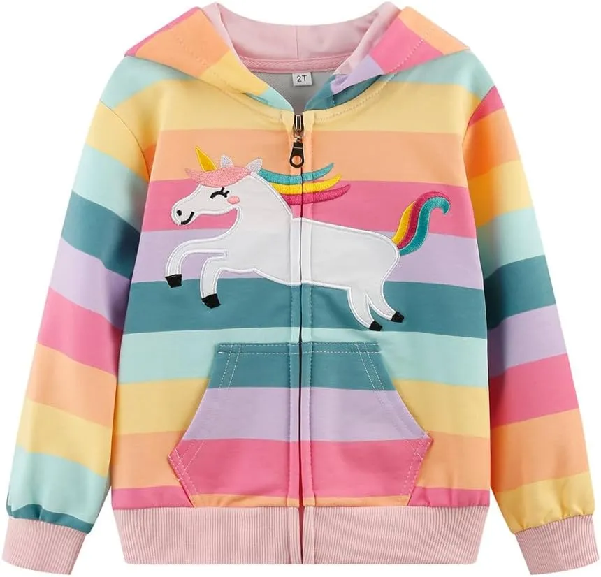 RETSUGO Girls Zip Up Hoodie Jacket Toddler Unicorn Rainbow Sweatshirt Kids Hooded Coat Casual Outerwear Size 2-7 Years