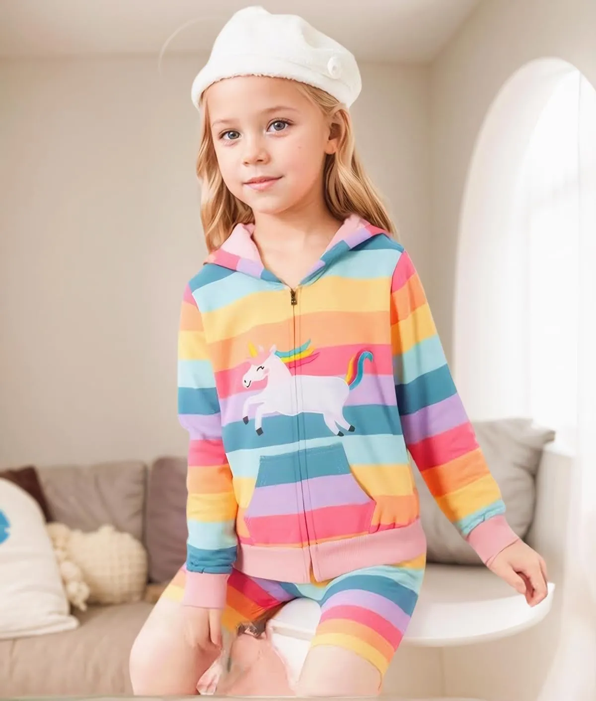 RETSUGO Girls Zip Up Hoodie Jacket Toddler Unicorn Rainbow Sweatshirt Kids Hooded Coat Casual Outerwear Size 2-7 Years