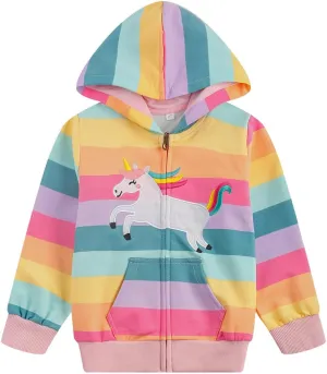RETSUGO Girls Zip Up Hoodie Jacket Toddler Unicorn Rainbow Sweatshirt Kids Hooded Coat Casual Outerwear Size 2-7 Years