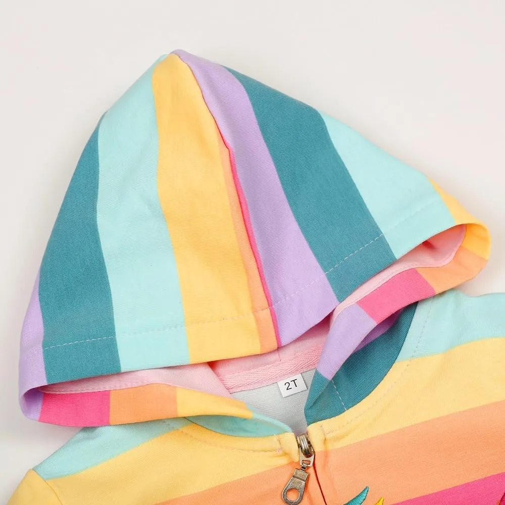 RETSUGO Girls Zip Up Hoodie Jacket Toddler Unicorn Rainbow Sweatshirt Kids Hooded Coat Casual Outerwear Size 2-7 Years