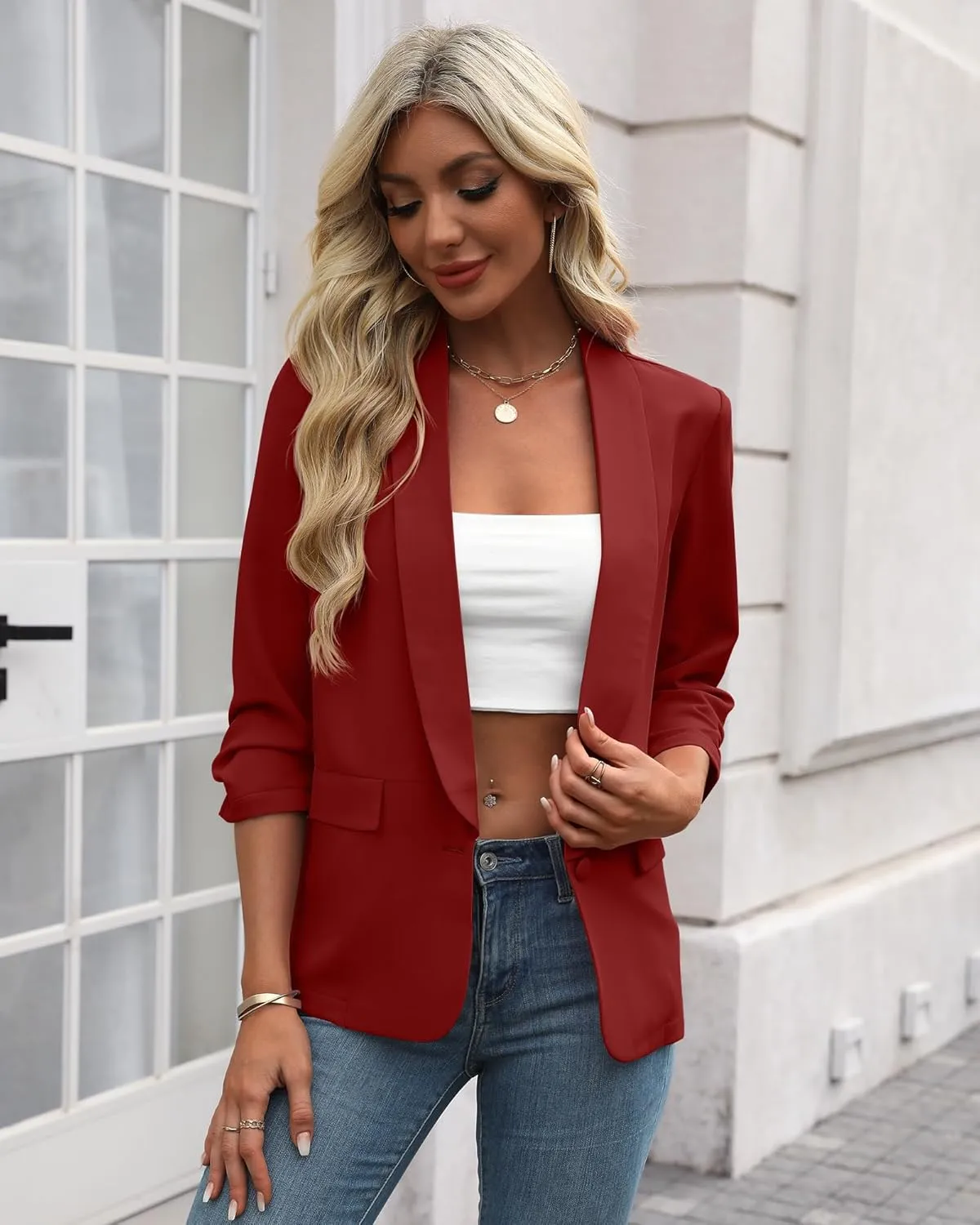 Riyiper Women's 3/4 Sleeve Blazer Open Front Blazer Jackets Casual Outfits Work Office Suit with Pockets