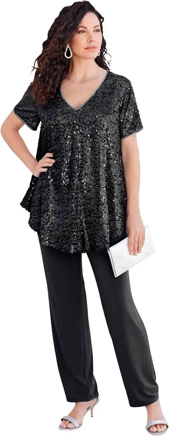 Roaman's Women's Plus Size Sequin Pant Set