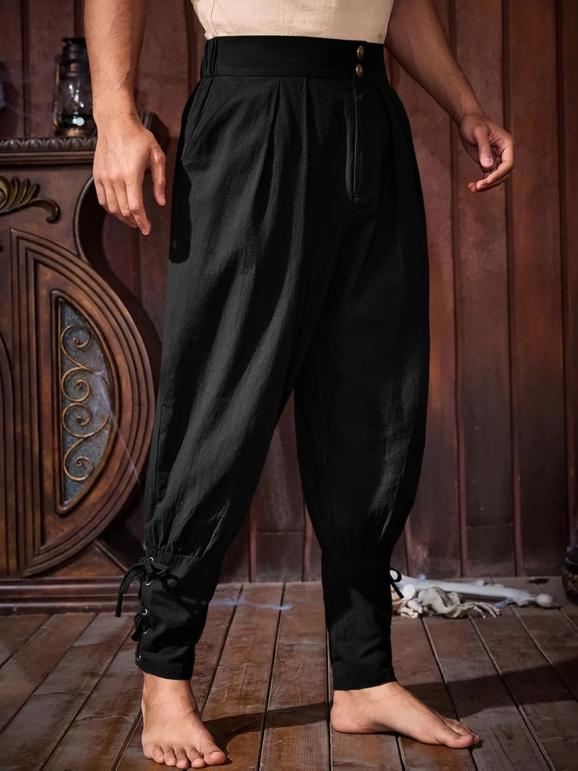 Runcati Mens Medieval Ankle Pants Renaissance Viking Pirate Pants Lace Up Cotton Tapered Halloween Costume Trousers