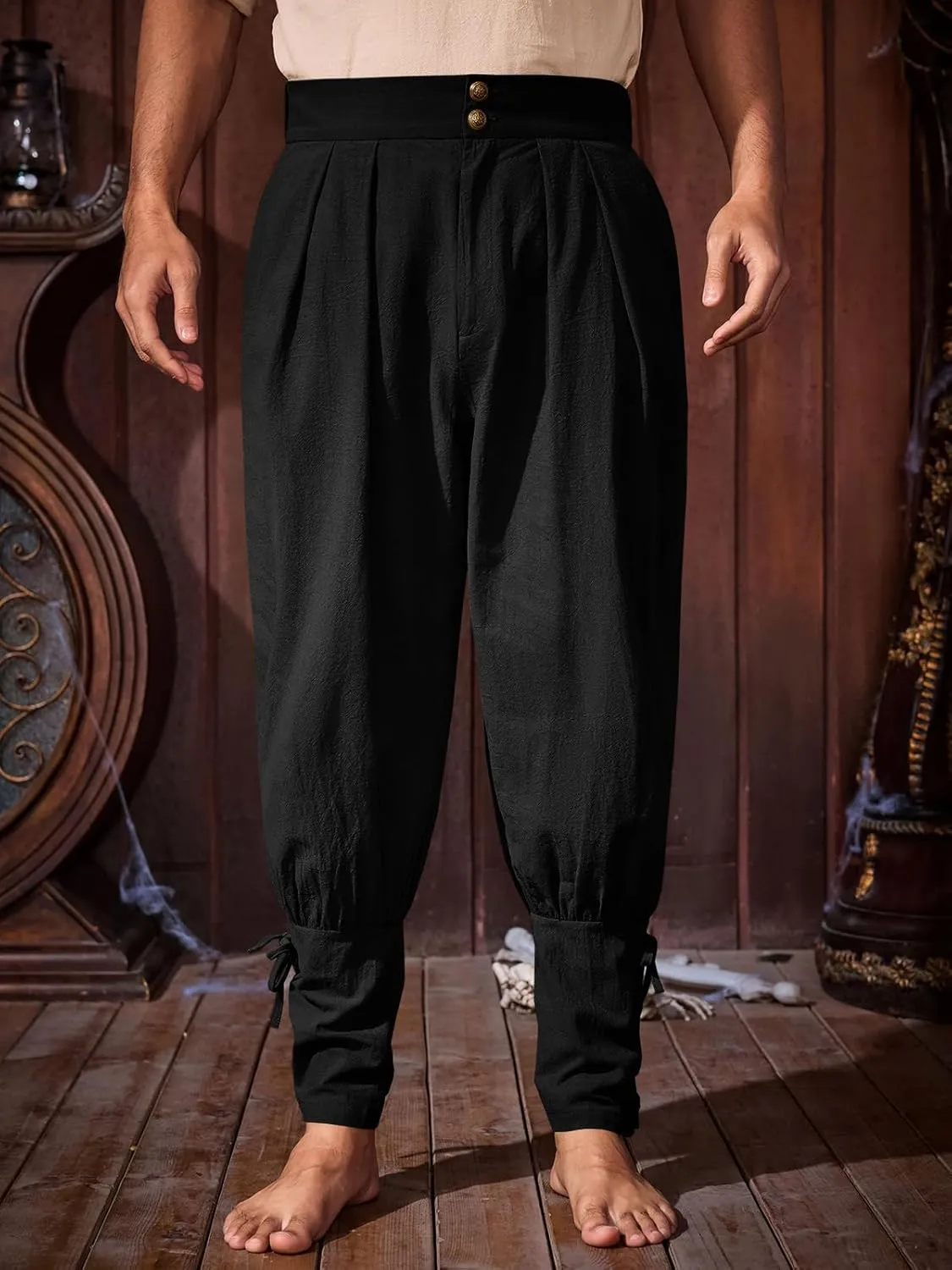 Runcati Mens Medieval Ankle Pants Renaissance Viking Pirate Pants Lace Up Cotton Tapered Halloween Costume Trousers