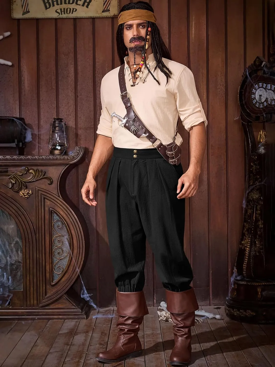 Runcati Mens Medieval Ankle Pants Renaissance Viking Pirate Pants Lace Up Cotton Tapered Halloween Costume Trousers