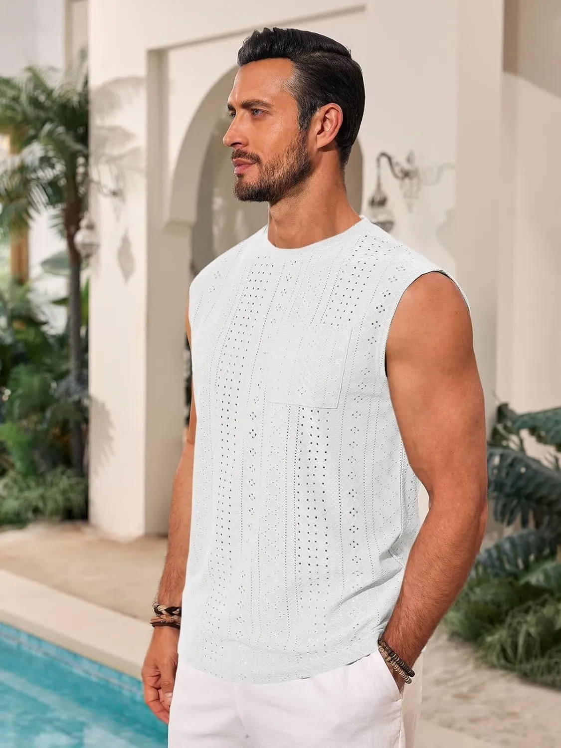 Runcati Mens Sleeveless Tank Tops Casual Hollow Out Knit T Shirts Beach Summer Hippie Tops with Pocket