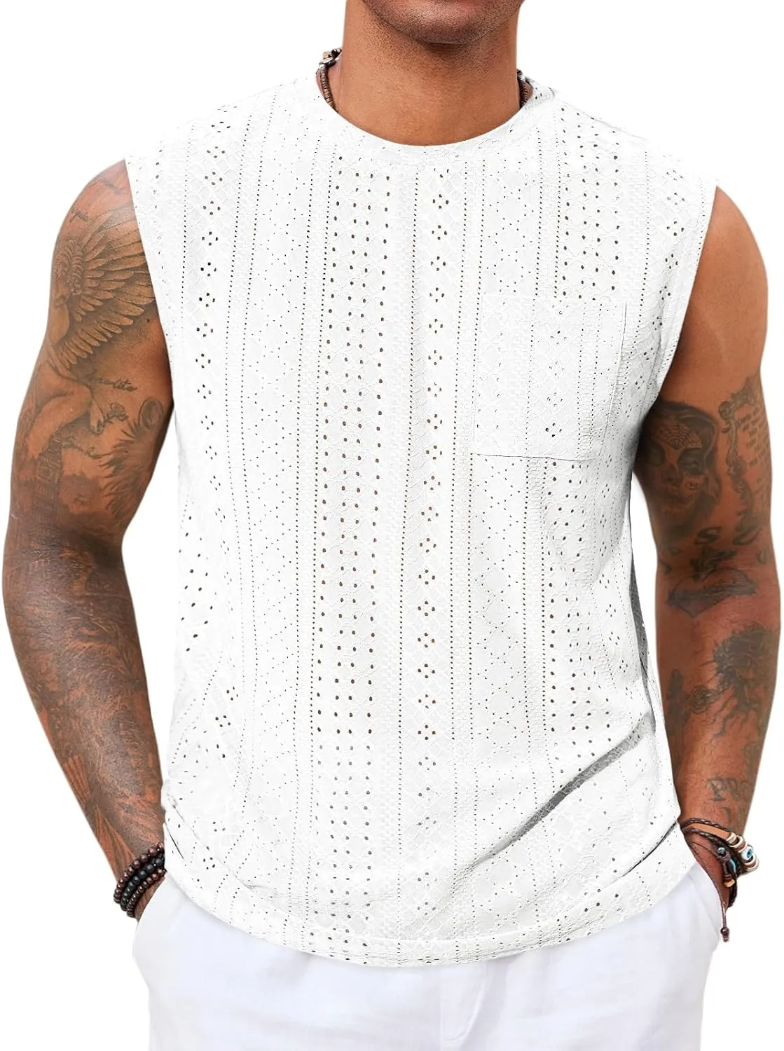 Runcati Mens Sleeveless Tank Tops Casual Hollow Out Knit T Shirts Beach Summer Hippie Tops with Pocket