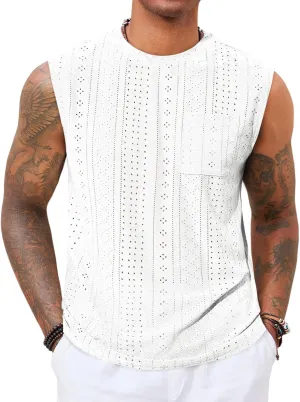 Runcati Mens Sleeveless Tank Tops Casual Hollow Out Knit T Shirts Beach Summer Hippie Tops with Pocket