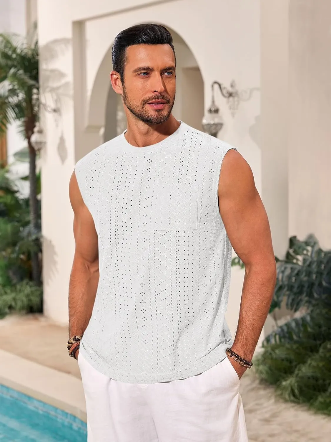 Runcati Mens Sleeveless Tank Tops Casual Hollow Out Knit T Shirts Beach Summer Hippie Tops with Pocket