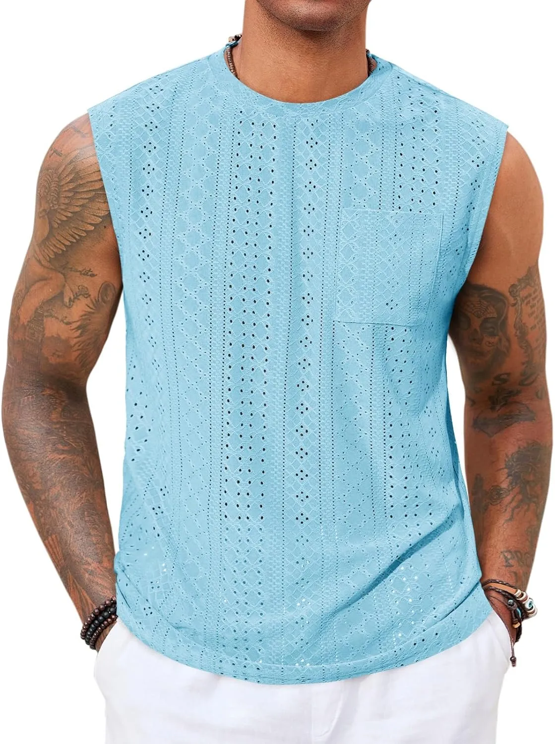 Runcati Mens Sleeveless Tank Tops Casual Hollow Out Knit T Shirts Beach Summer Hippie Tops with Pocket
