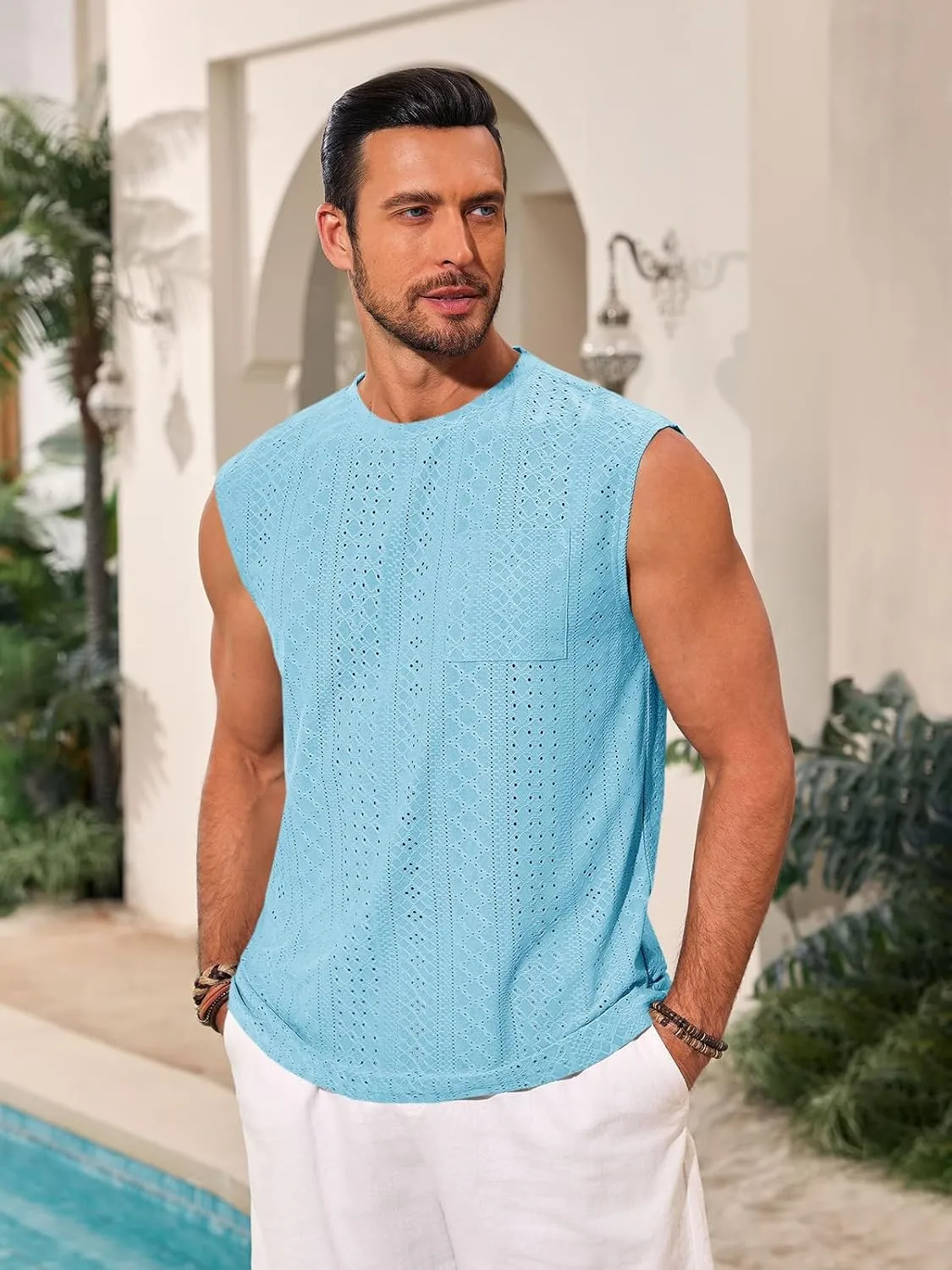 Runcati Mens Sleeveless Tank Tops Casual Hollow Out Knit T Shirts Beach Summer Hippie Tops with Pocket