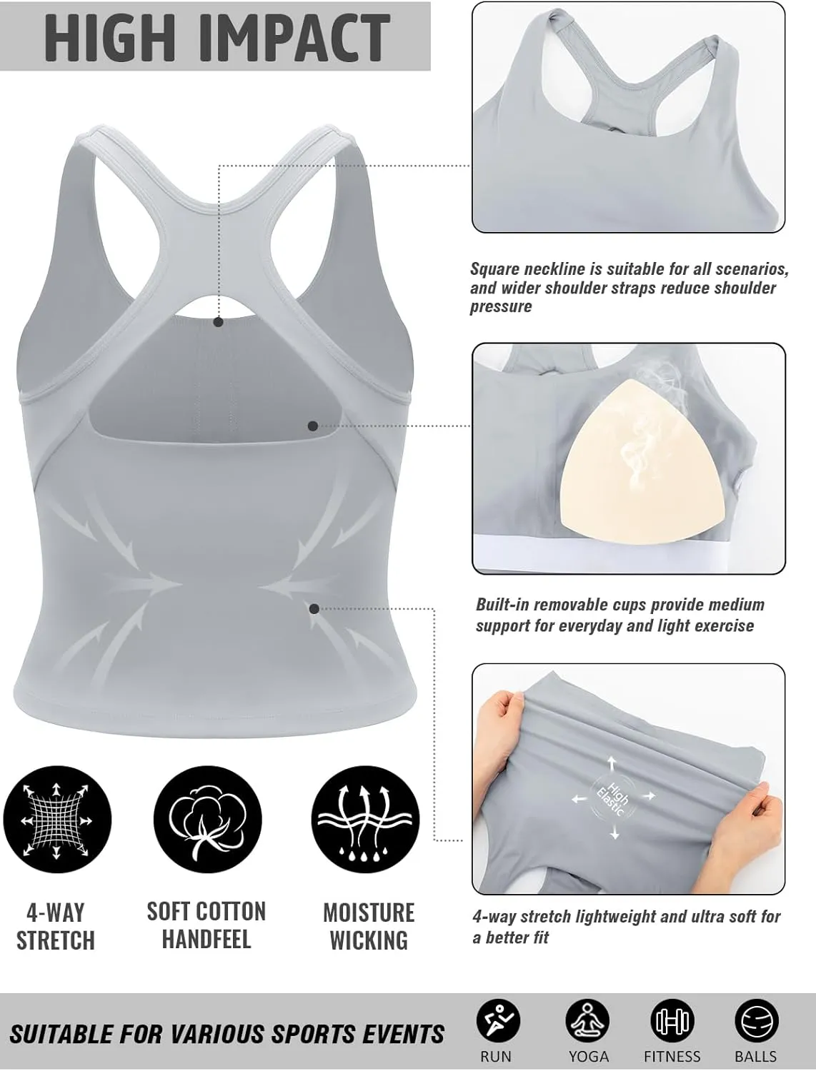 RUNNING GIRL Sports Bras for Women, Longline Racerback Crop Tank Top Compression Yoga Workout Tops with Removable Pads