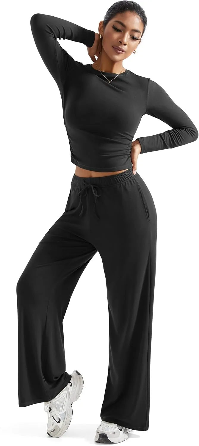 RXRXCOCO Womens Lounge Sets 2 Piece Ruched Long Sleeve Crop Tops Wide Leg Pants Casual Outfits Matching Sets Tracksuits