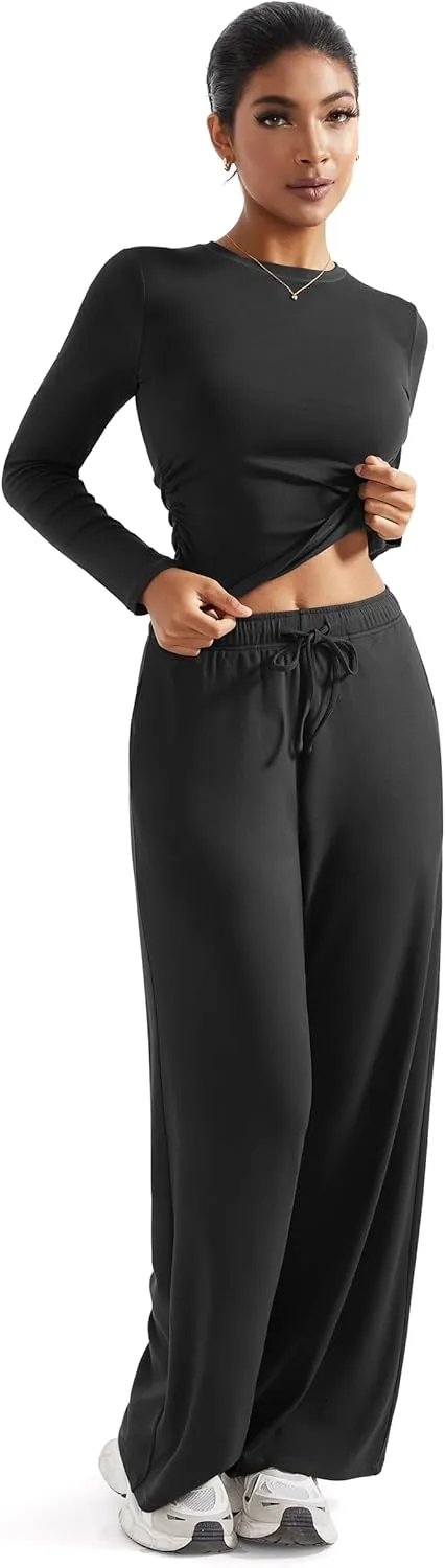 RXRXCOCO Womens Lounge Sets 2 Piece Ruched Long Sleeve Crop Tops Wide Leg Pants Casual Outfits Matching Sets Tracksuits