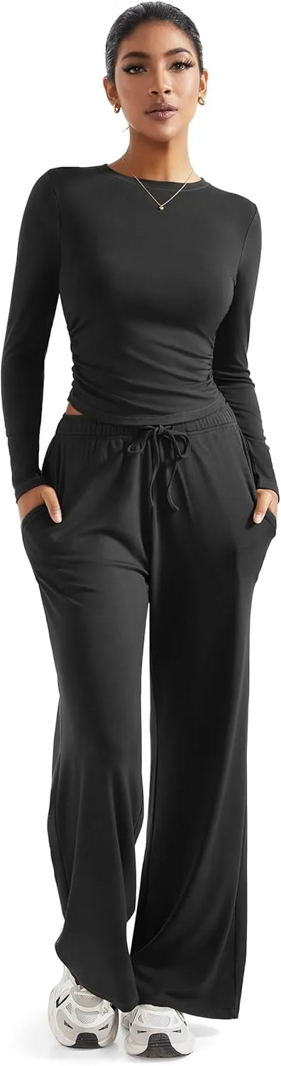 RXRXCOCO Womens Lounge Sets 2 Piece Ruched Long Sleeve Crop Tops Wide Leg Pants Casual Outfits Matching Sets Tracksuits