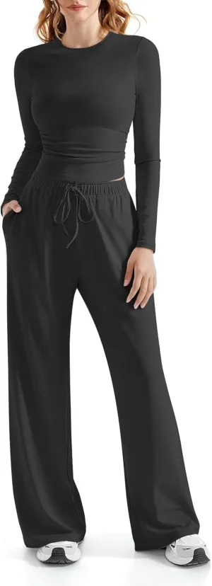 RXRXCOCO Womens Lounge Sets 2 Piece Ruched Long Sleeve Crop Tops Wide Leg Pants Casual Outfits Matching Sets Tracksuits