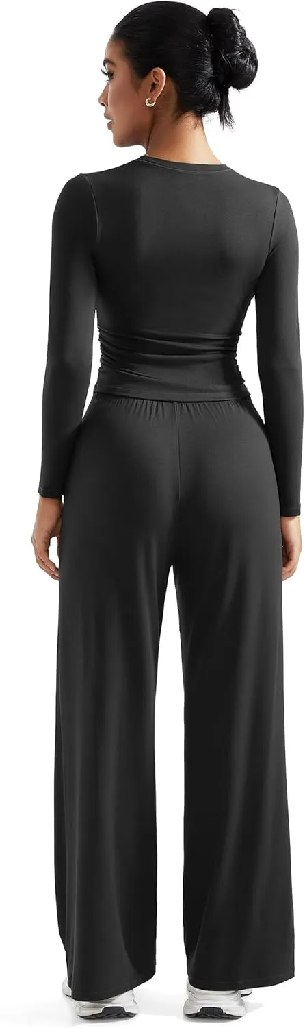 RXRXCOCO Womens Lounge Sets 2 Piece Ruched Long Sleeve Crop Tops Wide Leg Pants Casual Outfits Matching Sets Tracksuits