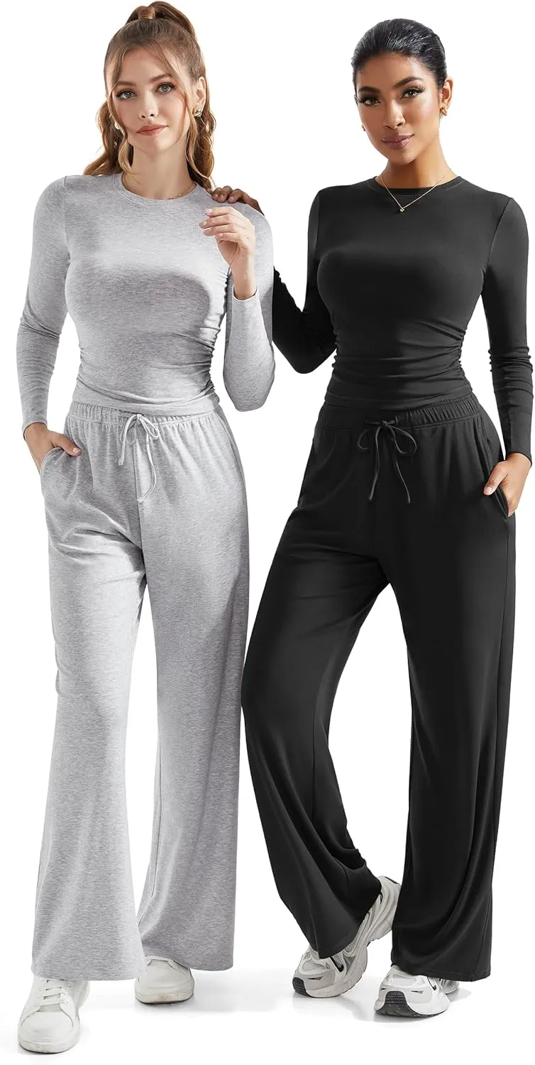 RXRXCOCO Womens Lounge Sets 2 Piece Ruched Long Sleeve Crop Tops Wide Leg Pants Casual Outfits Matching Sets Tracksuits