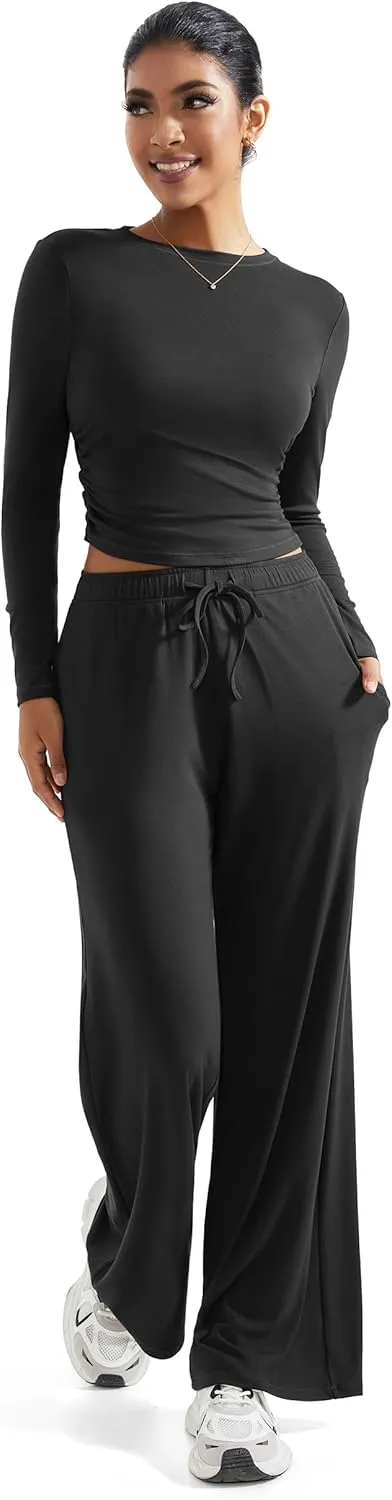 RXRXCOCO Womens Lounge Sets 2 Piece Ruched Long Sleeve Crop Tops Wide Leg Pants Casual Outfits Matching Sets Tracksuits