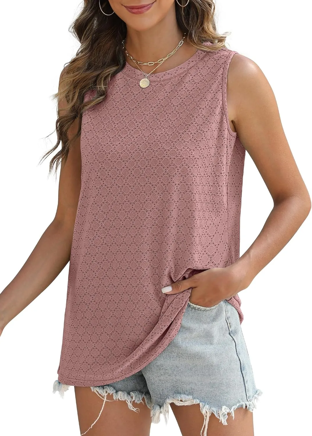 SAMPEEL Womens Tank Tops Eyelet Loose Casual Summer Tops Crew Neck Basic Sleeveless Shirts Trendy 2025