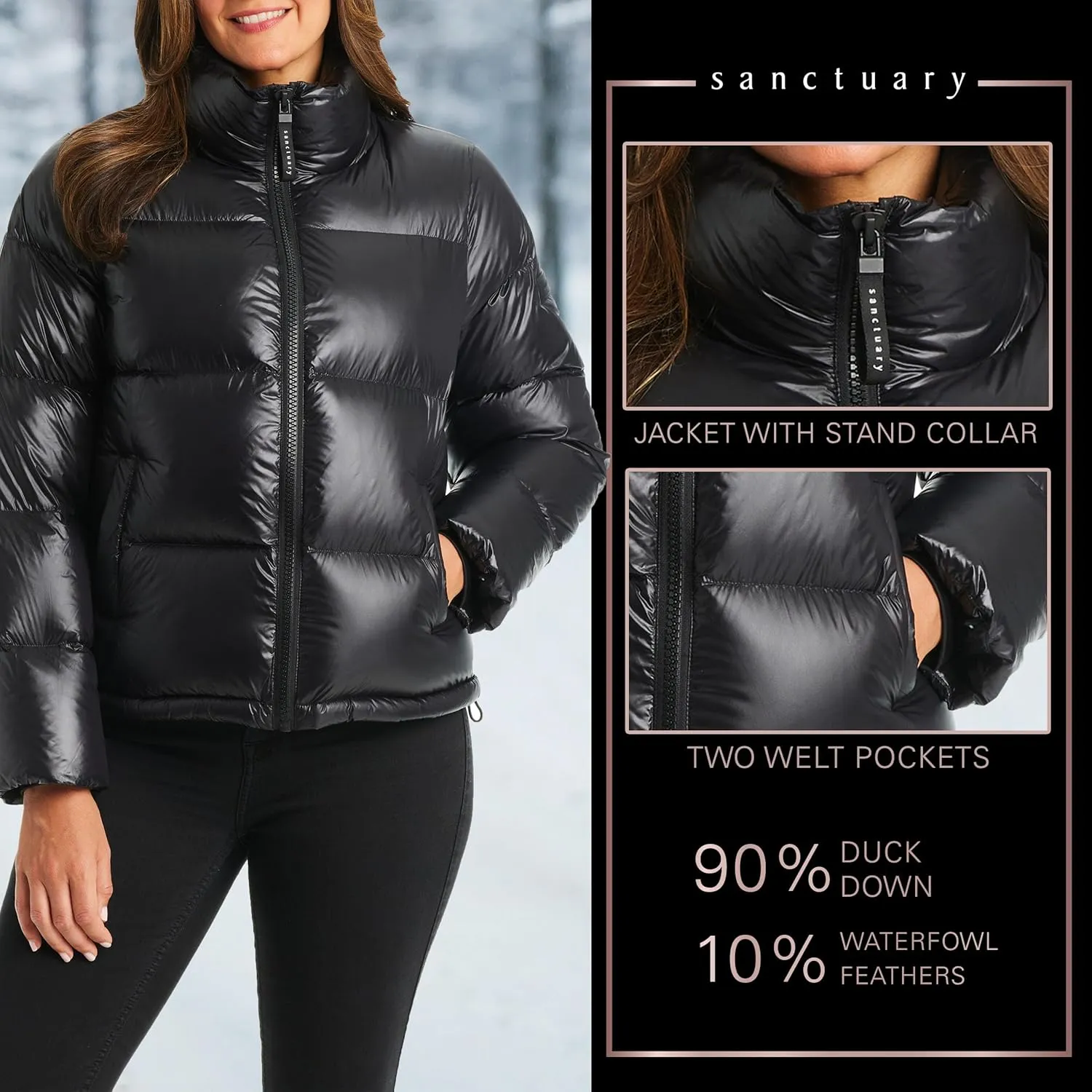 Sanctuary Short Winter Jackets for Women - Down Puffer Jacket Women with Stand Collar, Storm Cuffs, & Front Pockets