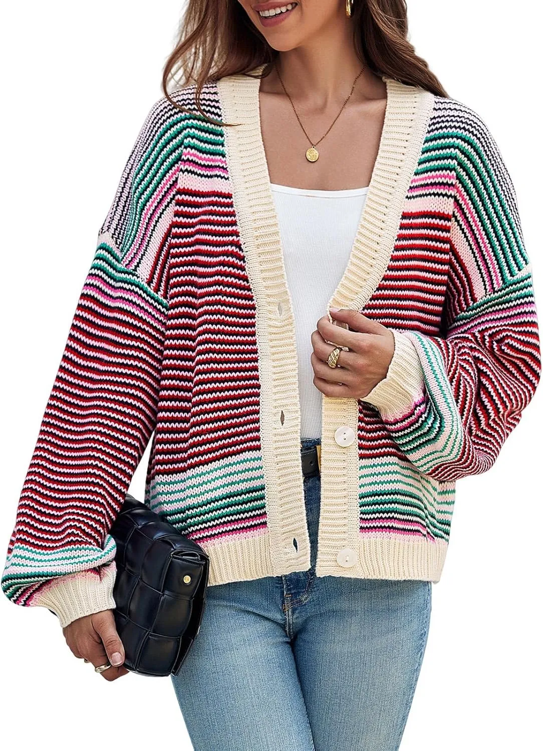Saodimallsu Womens Striped Cardigan Sweaters Oversized Puff Sleeve Button Up V Neck Color Block Knit Sweater Coat
