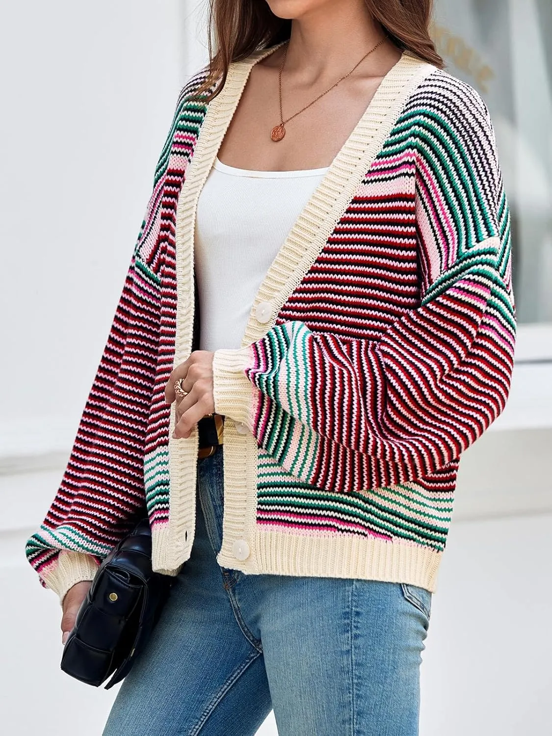 Saodimallsu Womens Striped Cardigan Sweaters Oversized Puff Sleeve Button Up V Neck Color Block Knit Sweater Coat